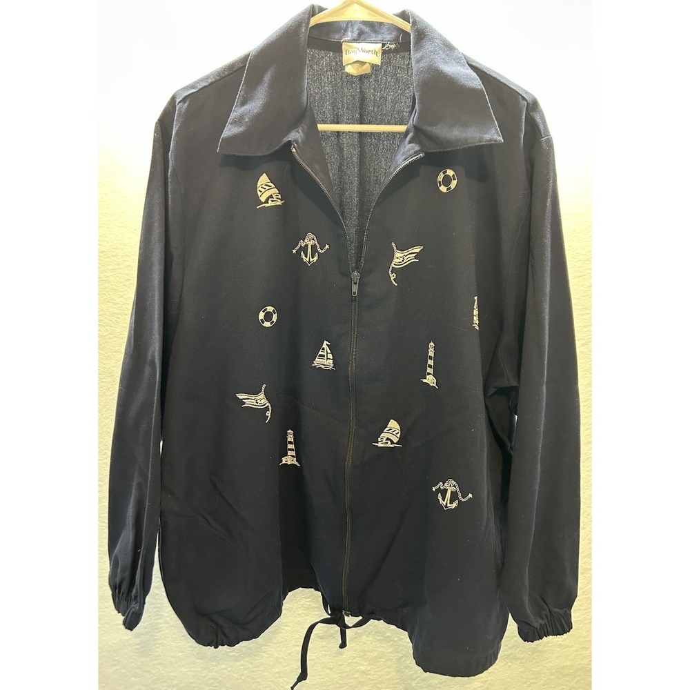 Vintage Bon Worth Sailor Zip Up Jacket Navy & White Embroidered Women's Large
